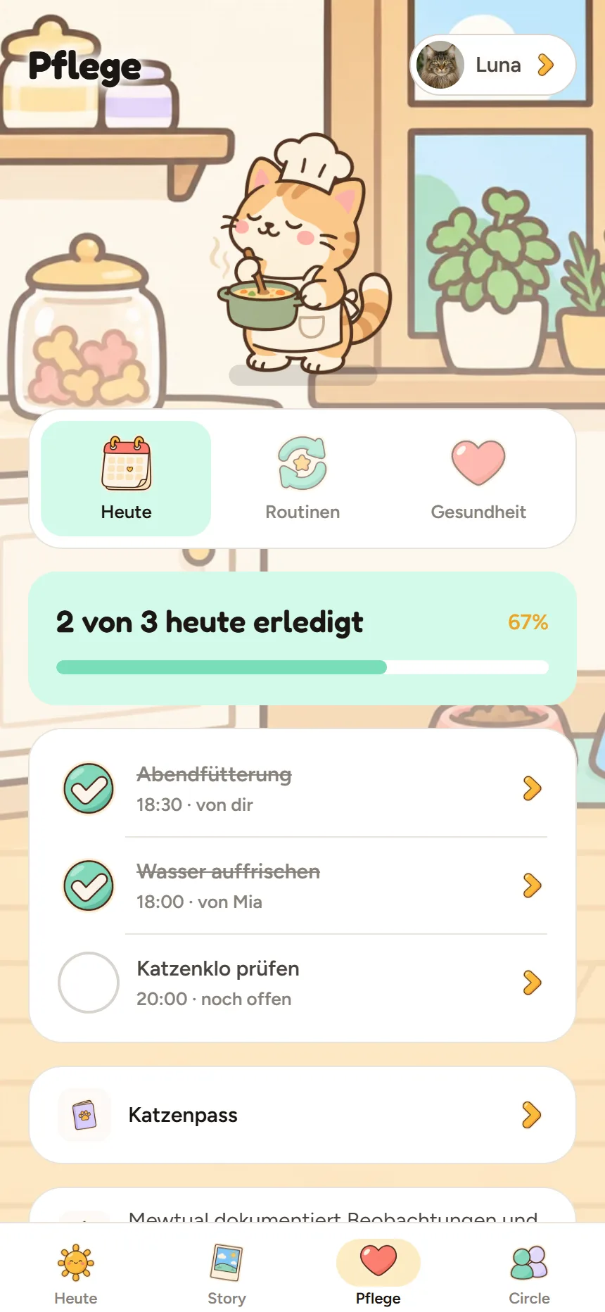 Pflege-Ansicht mit drei täglichen Aufgaben