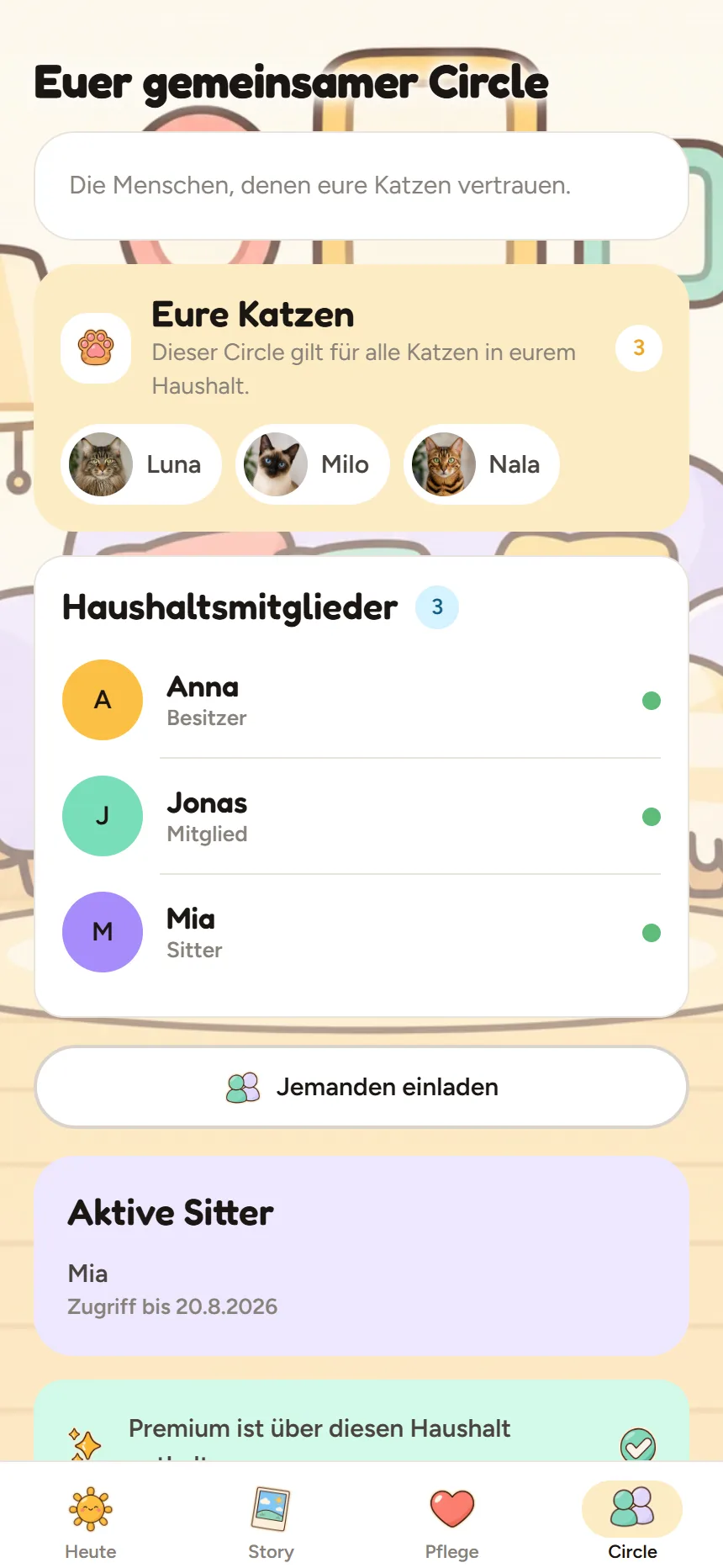 Circle-Ansicht mit drei Katzen und drei Haushaltsmitgliedern